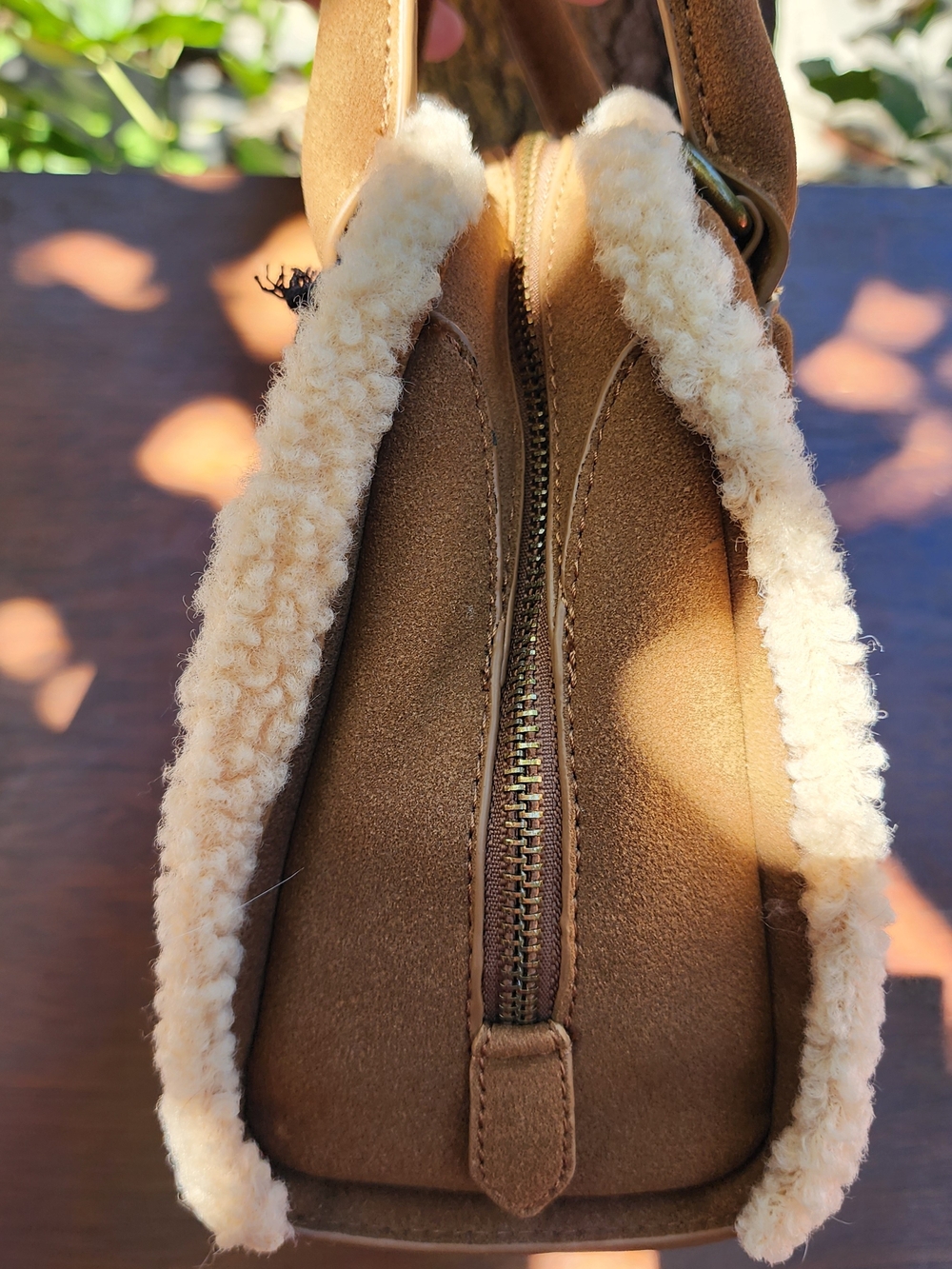 Frye and Co Core Satchel Bag Cognac Brown Faux Suede Sherpa Trim NWT - Picture 5 of 10